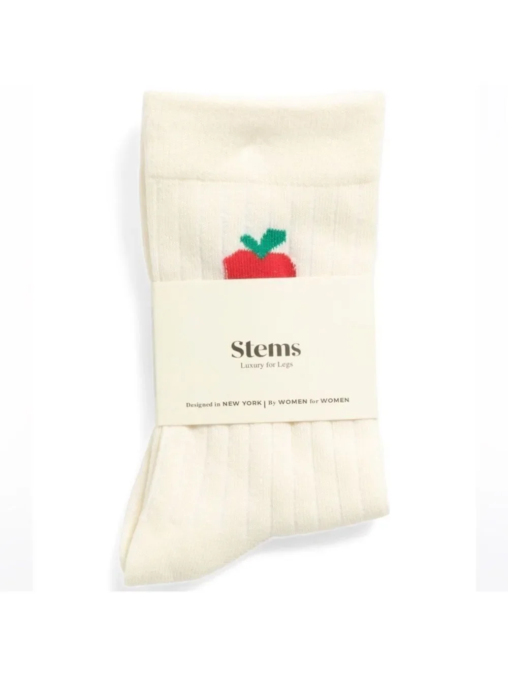 Stems 1 Pair Ivory Red Green Apple Print Cotton Blend Stretch Knit Crew Socks